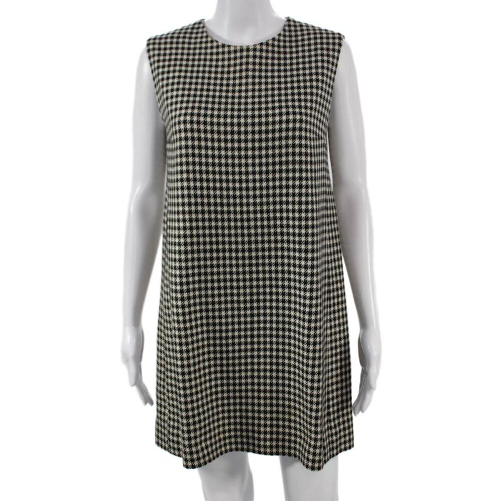 Designer Women Shift Dress Black Houndstooth Wool Blend Sleeveless Zip Size M
